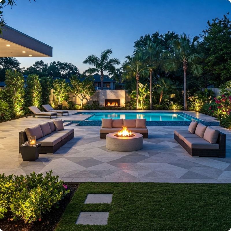 a Florida backyard with pool and firepit features